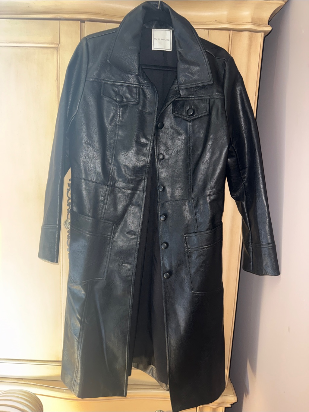 Elie Tahari Black Faux Leather Trench Coat
